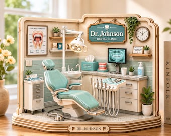 Miniature Dental Clinic Wooden Block Custom Dentist Office Decor 2D FLAT Hygienist Diorama Gift JDOK56