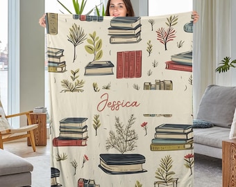 Personalized Book Blanket,Vintage Books Blanket,Custom Name Soft Cozy Sherpa Fleece Throw Blankets,Gift ForReadingLover,Bookworm,Nerd DZOL30