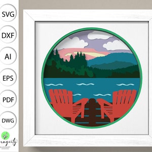 Lake Shadow Box 3D Svg ,Lake 3D Box Svg ,Camping Lake 3D Box Svg ,Lake Scene Chairs Light Box Svg ,Layered Cardstock Art,Shadow Box Template