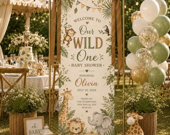 Letrero de bienvenida para baby shower Wild One, baby shower safari, póster de bienvenida personalizado de la jungla, decoración de entrada para baby shower, Wild One NRD-NTH14