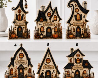 Bloque de madera personalizado con forma de casita de Halloween, adorno para estante con temática de familia espeluznante, decoración otoñal con nombre personalizado, letrero de mesa con temática de pueblo de calabazas GRD-IMA17