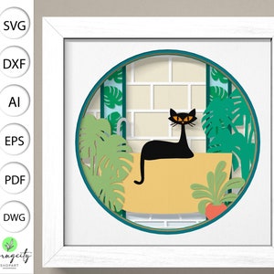 Boho chat salle de bain Shadow Box svg, svg Shadow Box moderne milieu du siècle, svg rétro Shadow Box, projets Cricut, art du papier cartonné en couches