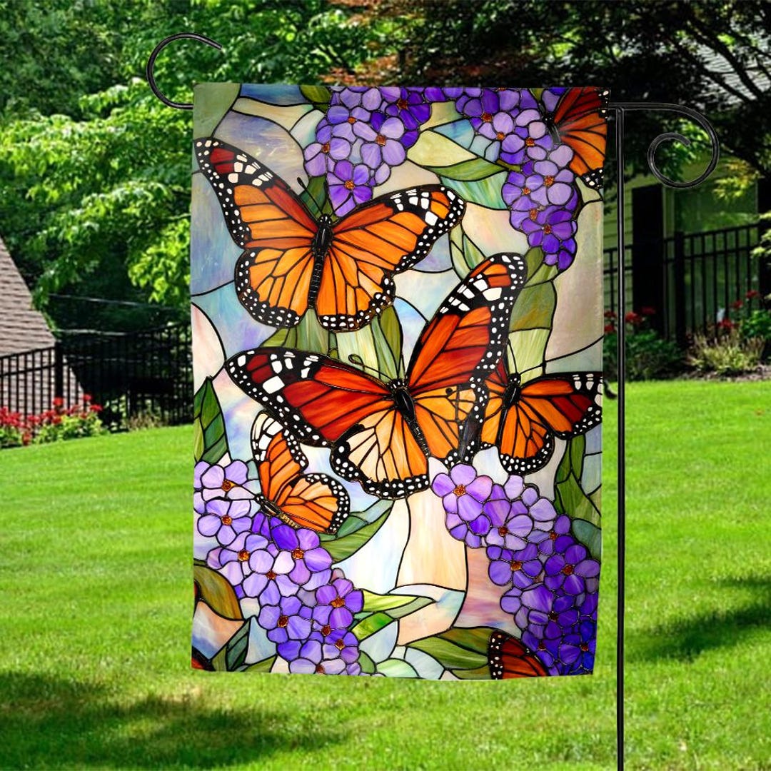 Butterfly Garden Flag, Stained Glass Floral Flag, Garden Flag