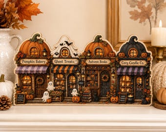 Bloque de madera de pueblo de Halloween, adorno de estante de panadería con forma de calabaza, letrero de madera de dulces de fantasmas, decoración de libros de otoño, decoración de mesa de otoño con velas GRD-IMA16
