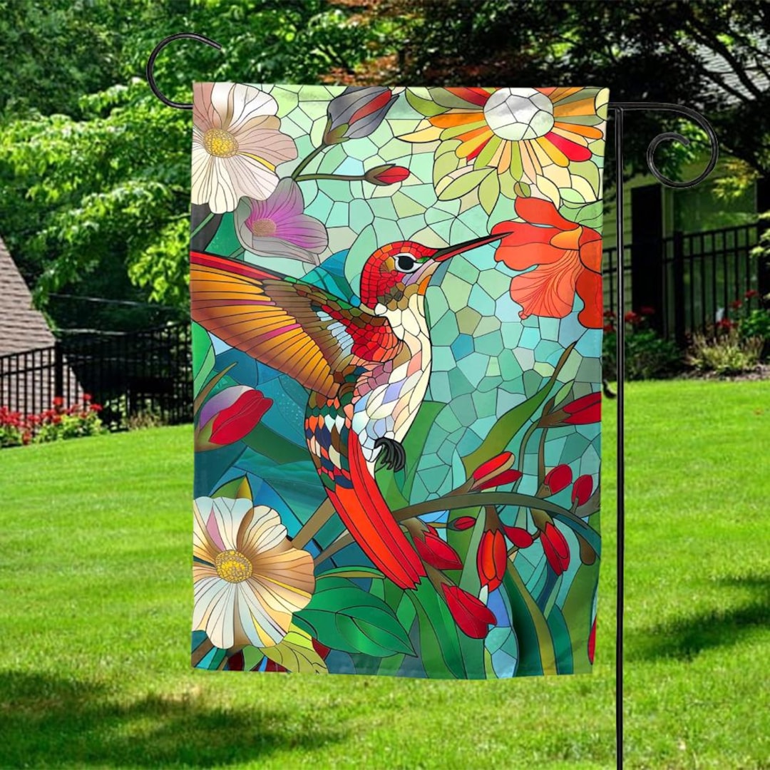 Hummingbird Garden Flag, Stained Glass Look Bird Flag, Spring Garden ...