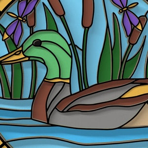 May include: A stained glass window design featuring a green and brown duck swimming in blue water with green reeds and purple butterflies.