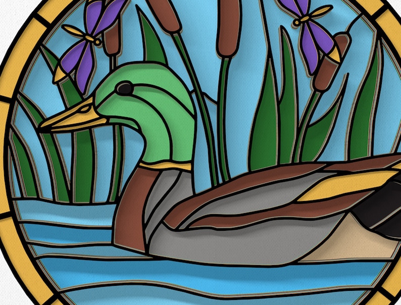 May include: A stained glass window design featuring a green and brown duck swimming in blue water with green reeds and purple butterflies.