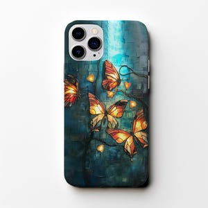 May include: A smartphone case featuring a vibrant butterfly design. The case has a dark teal background with orange and yellow butterflies and small lights. The case has a glossy finish and a camera cutout.