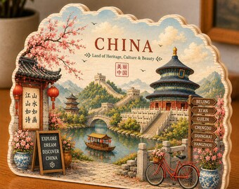 China Wooden Block Decor, Chinese Travel Souvenir Desk Decor, Great Wall Temple Vintage Sign, Asian Landmark Decor, China Gift NRD-NTH25
