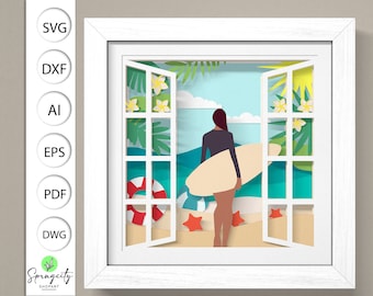 May include: A framed paper art piece depicting a beach scene viewed through an open window. A person holding a surfboard stands on the sand, facing the ocean. The artwork includes a life preserver, starfish, and tropical foliage. The frame is white, and the artwork is labeled with file types.