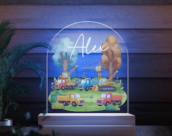 Personalized Night Light for Boy, Construction Vehicles Bedroom Decor, Diggers Nursery Theme, Baby Shower Gift, Gift for Grandson D2I121