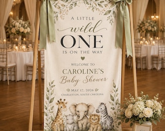 Personalized Safari Baby Shower Welcome Sign Fabric Banner, Little Wild One Baby Shower Decor, Jungle Animal Entrance Sign BRD-KG108
