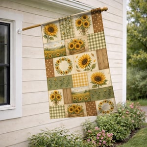May include: A rectangular garden flag featuring a patchwork design of sunflowers, green gingham, and brown polka dot patterns. The flag displays various illustrations of sunflower bouquets, wreaths, and fields in yellow, green, and brown tones.