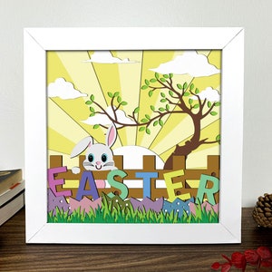 Joyeuses Pâques Shadow Box 3D, Svg Pâques 3D, Joyeuses Pâques Svg, lapin Svg, Joyeuses Pâques Lightbox Svg, Art cartonné en couches, modèle de boîte ombre
