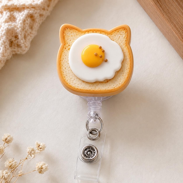 Cat Toast Egg 2 Layer Badge Reel, Cute Breakfast Food ID Holder, Funny Nurse Badge Reel, Teacher Gift GRD-GLLA14-1
