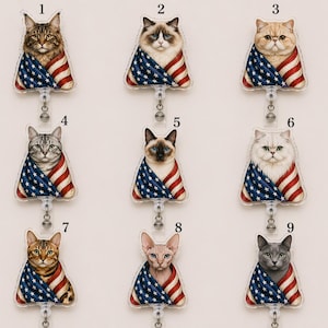 Patriotic Cat Badge Reel 2026: American Flag Kitten Retractable ID Holder Vet Tech JDM427