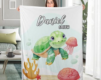 Sea Turtle Blanket, Nautical Nursery, Personalized Baby Blanket, Sea Nursery Theme, Toddler Turtle Blanket, Baby Shower Gift NEYN05
