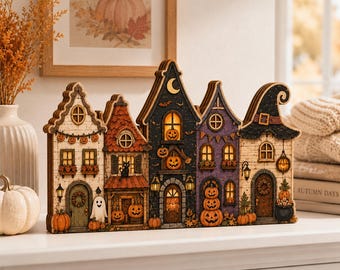 Halloween Wooden Block Village, Spooky Ghost Pumpkin House Shelf Sitter, Fall Table Decor, Witch Cat Tiered Decor,Halloween Gift GRD-VLA01