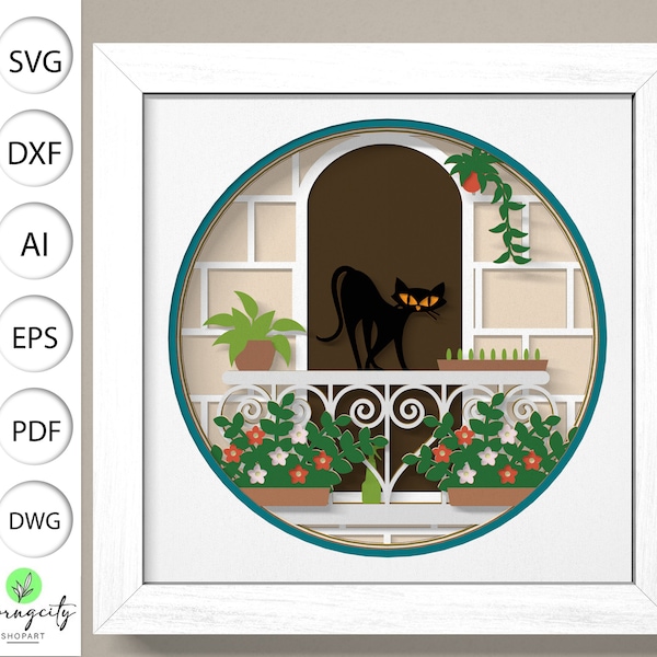 Svg 3D Boho chat balcon Shadow Box, svg Shadow Box Mid-Century moderne, fleurs spings svg, svg Shadow Box rétro, art du papier cartonné en couches