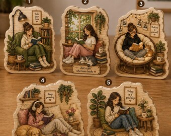 Reading Girl Wooden Block Decor, Book Lover Wooden Block, Reading Nook Desk Decor, Bookish Shelf, Reader Gift, Literary Home Decor NRD-NTH26