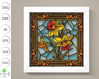 3D SVG Stained Glass Narcissus Flowers Shadow Box, 3D Flowers svg, 3D SVG Floral Stained Glass Papercut, Shadow Box svg, Cricut Silhouette