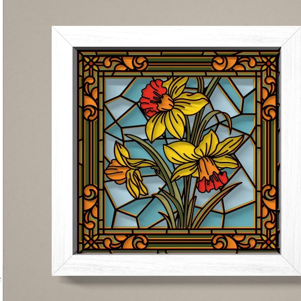 3D SVG Stained Glass Narcissus Flowers Shadow Box, 3D Flowers svg, 3D SVG Floral Stained Glass Papercut, Shadow Box svg, Cricut Silhouette