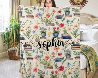 Personalized Book Blanket,Book&Flower Blanket,Custom Name Soft Cozy Sherpa Fleece Throw Blankets,Gift For Reading Lover,Bookworm,Nerd BXLO58