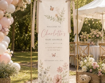 Butterfly Baby Shower Welcome Sign, Floral Fabric Welcome Banner, Personalized Girl Baby Shower Decor BRD-ZG151