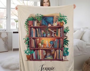 Customizable Book Shelf Blanket, Personalized Bookshelf and Plants Decor, Gift For Her, Booklovers, Book Worm, Birthday Blanket Gift JCJP25