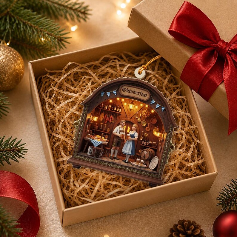 May include: A decorative arched ornament featuring a detailed interior scene of a tavern with the text Oktoberfest. The scene depicts two figures in traditional attire, wooden shelves with bottles, hanging cookware, and a barrel inside a brown frame.