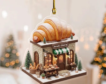 Personalized Mini Bakery Christmas Ornament, 2D Elegant Patisserie with Croissant Roof, Christmas Bakery Ornament,Bakery Ornament C1MP30