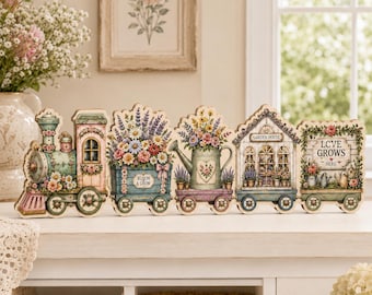 Bloque de madera personalizado con forma de tren de jardín, adorno floral para estante, bloque de madera con flores de primavera, decoración para mesa de jardín, regalo GRD-IMA13