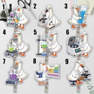 May include: A collection of nine badge reels featuring cartoon geese dressed as scientists. Each goose wears a white lab coat and safety goggles, performing various laboratory tasks like using microscopes, beakers, centrifuges, and pointing at a periodic table.