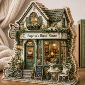 May include: A detailed miniature model of Sophia's Book Store, featuring a green and white facade with floral accents. The model includes a bicycle, a sign that says "Books Coffee Stories", and a small chalkboard with text. The store's interior is visible through the windows.