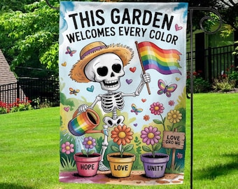 LGBTQ Skeleton Garden Flag, Pride Garden Decor, Inclusive Outdoor Flag, Funny Halloween Yard Flag, Rainbow Flower Garden Banner gift BZGG02