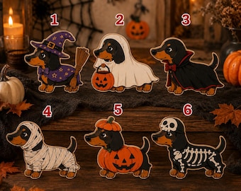 Bloque decorativo de madera para perro salchicha de Halloween, figura de bruja, fantasma, calabaza y perro salchicha para estante, linda decoración de escritorio con perro salchicha, regalo de Halloween NRD-NTH05