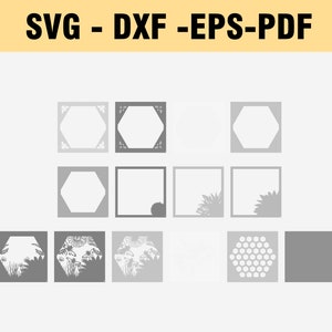 K&ouml;nnte beinhalten: Ein Satz von 10 digitalen Schnittdateien f&uuml;r Bastelprojekte. Die Dateien beinhalten verschiedene Formen, darunter Quadrate, Sechsecke und ein Wabenmuster. Die Dateien liegen in den Formaten SVG, DXF, EPS und PDF vor.