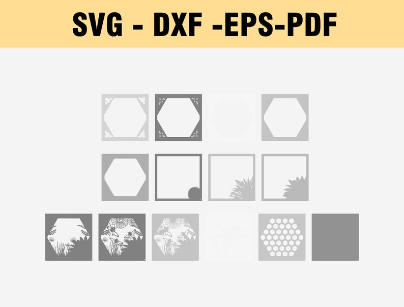 K&ouml;nnte beinhalten: Ein Satz von 10 digitalen Schnittdateien f&uuml;r Bastelprojekte. Die Dateien beinhalten verschiedene Formen, darunter Quadrate, Sechsecke und ein Wabenmuster. Die Dateien liegen in den Formaten SVG, DXF, EPS und PDF vor.