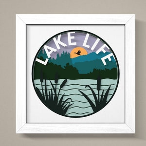 Svg 3D, boîte 3D, boîte Svg, boîte 3D lac maison, Svg maison lac, décoration murale maison lac, modèle de boîte ombre, art du papier cartonné en couches