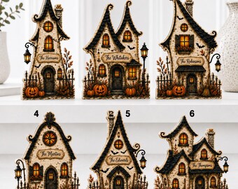 Bloque de madera personalizado con forma de casita de Halloween, adorno para estante con temática de familia espeluznante, decoración otoñal con nombre personalizado, letrero de mesa con temática de pueblo de calabazas GRD-IMA18