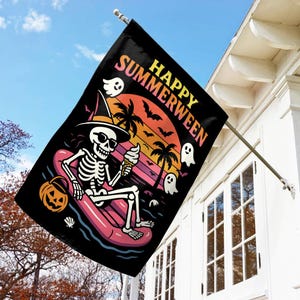 May include: Black flag with the words "HAPPY SUMMERWEEN" in white and orange. The flag features a skeleton wearing sunglasses and a witch hat, holding an ice cream cone while floating on a pink raft. Palm trees, bats, and ghosts are also depicted.