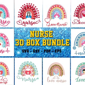 May include: A set of 10 digital cut files featuring rainbow designs with nurse-themed text and symbols. The designs include "Nurse", "Love Nurse", "Love Life", and "Nurse Life". The files are in SVG, DXF, PDF, and EPS formats.