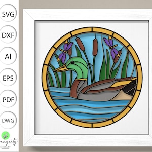 May include: A stained glass style illustration of a duck swimming in a pond with cattails and purple flowers. The duck is green, brown, and yellow. The pond is blue and the flowers are purple.