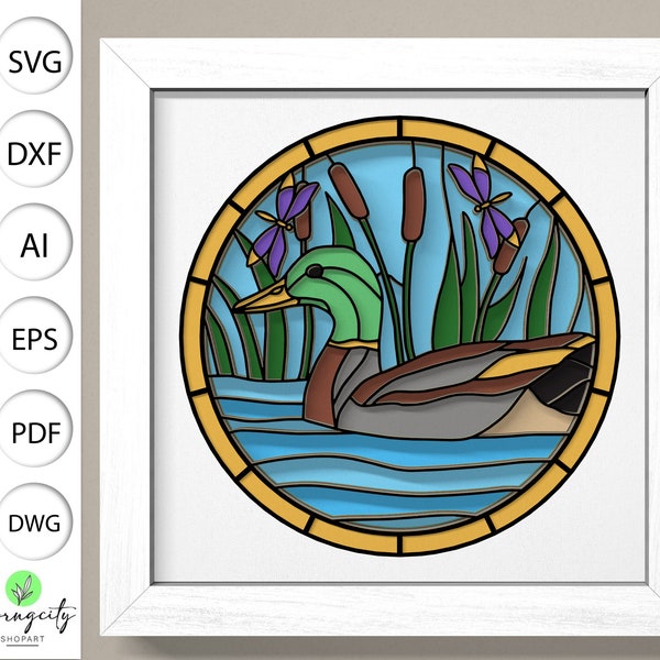 Stained Glass Mallard Shadow Box 3D Svg ,Mallard 3D Box Svg ,Animal Stained Glass Light Box Svg ,Mallard 3D Svg,Layered Cardstock Art