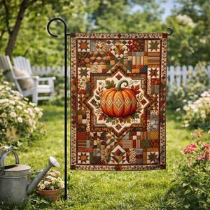 Fall Pumpkin Garden Flag, Autumn Quilt Style Yard Flag, Harvest Patchwork Outdoor Decor, Farmhouse Porch Flag B1GG04
