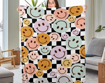 Groovy Smile Face Blanket, Velveteen Plush Blanket, Parade Blanket, Gift for College Dorm, Kids Blankets, Boho Fleece BXLE15