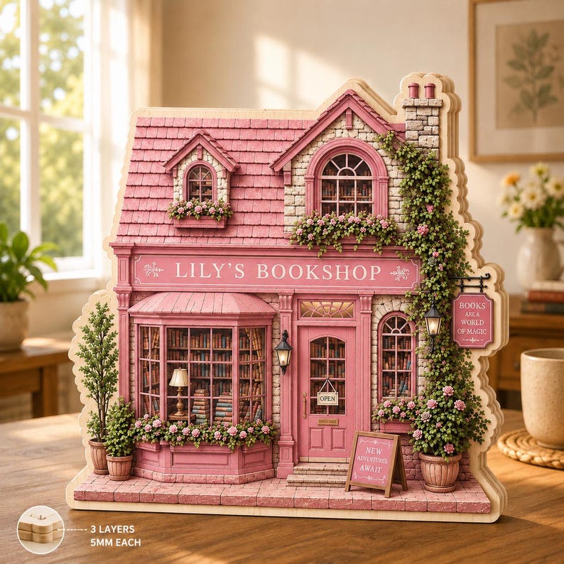 May include: A pink wooden miniature model of Lily's Bookshop featuring a bay window, a front door with an open sign, and climbing vines. The structure includes a chimney, flower boxes, and a sign reading Books Are A World Of Magic.