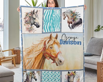 Custom Horse Blanket With Name, Horse Baby Blankets, Horse Lover Gift, Horse Throw Blanket, Horse Gift For Girl, Horse Blanket BXLR35