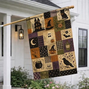 May include: A rectangular garden flag featuring a patchwork design with Halloween motifs including a haunted house, a black cat, a ghost, a pumpkin, a witch hat, a skull, a cauldron, a bat, and a raven, all in shades of orange, black, and purple.