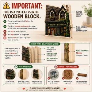 May include: A 2D flat printed wooden block shaped like a building labeled Mary's Bookshop. It is constructed from three layers of 5mm plywood for a total thickness of 15mm. The front features a detailed printed image of a bookstore facade.